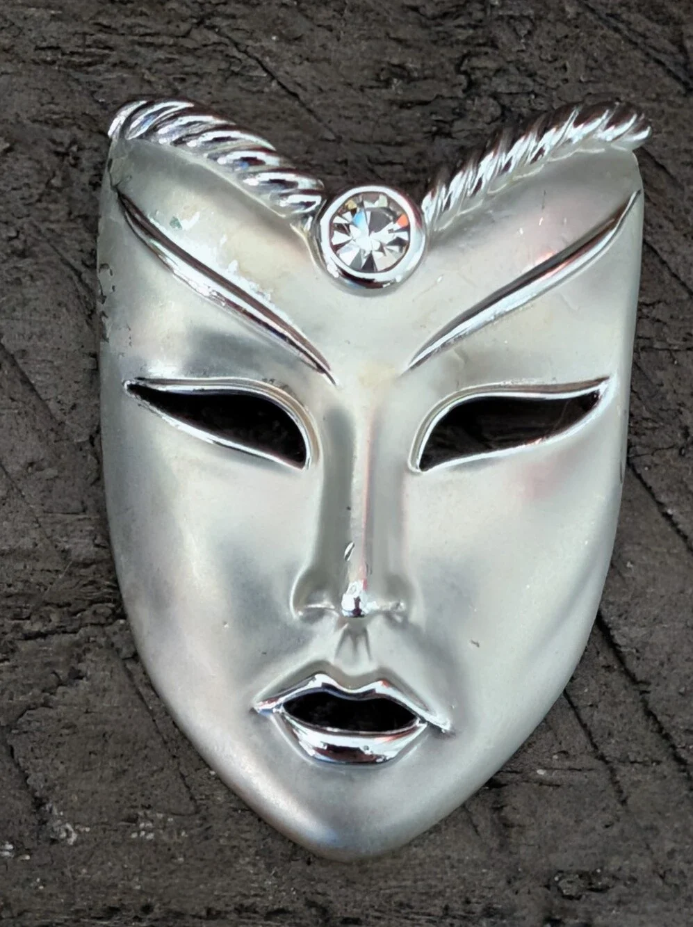 Silver Decorative Theater Mask Brooch with Rhinestone Accent
